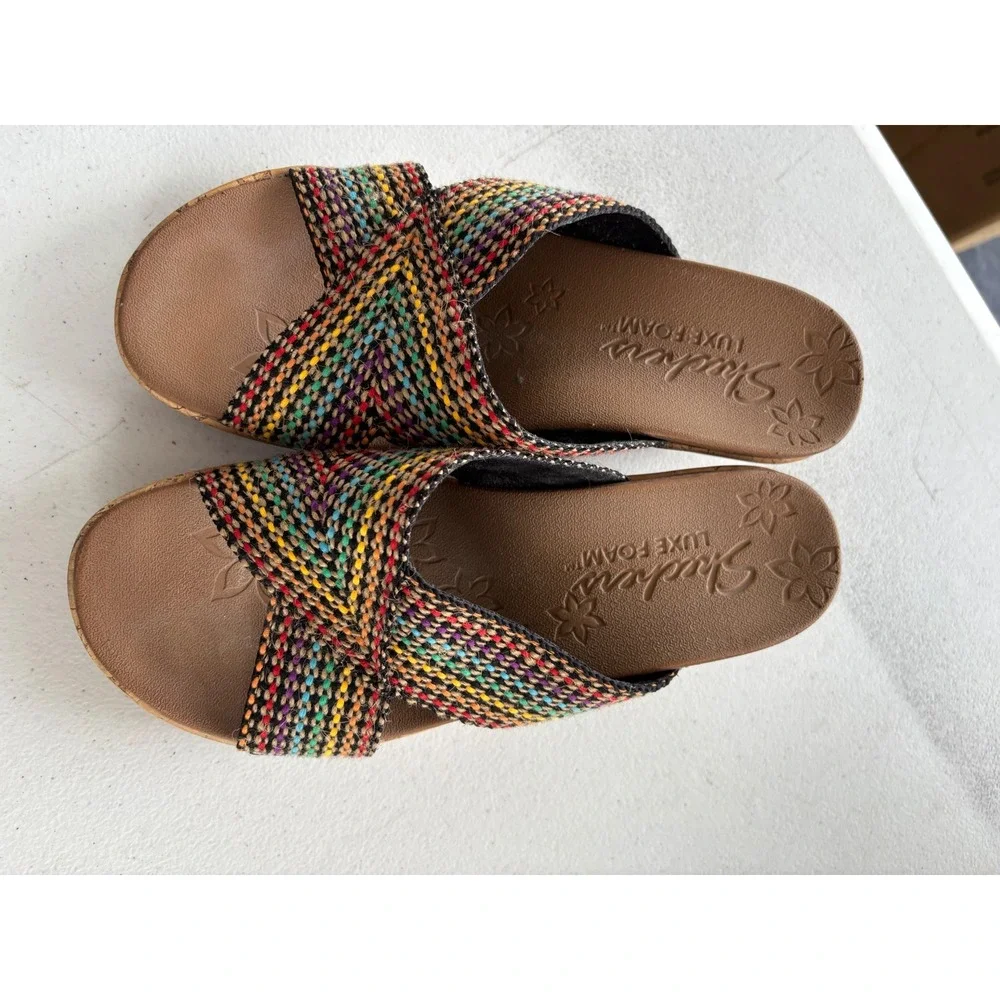 Skechers Luxe Foam Multi Color Woven Wedge Sandals 38554 Womens 7 Cork Platform